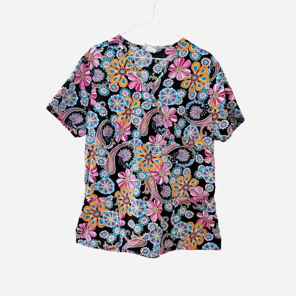 Y2K Style Bright Floral Paisley Mock Wrap Scrub Top